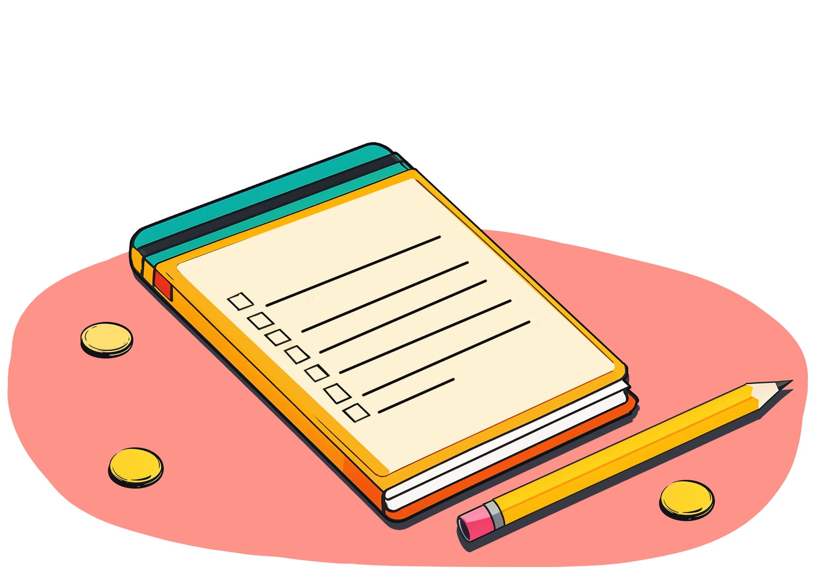 Una libreta con una lista de tareas, un lápiz y monedas