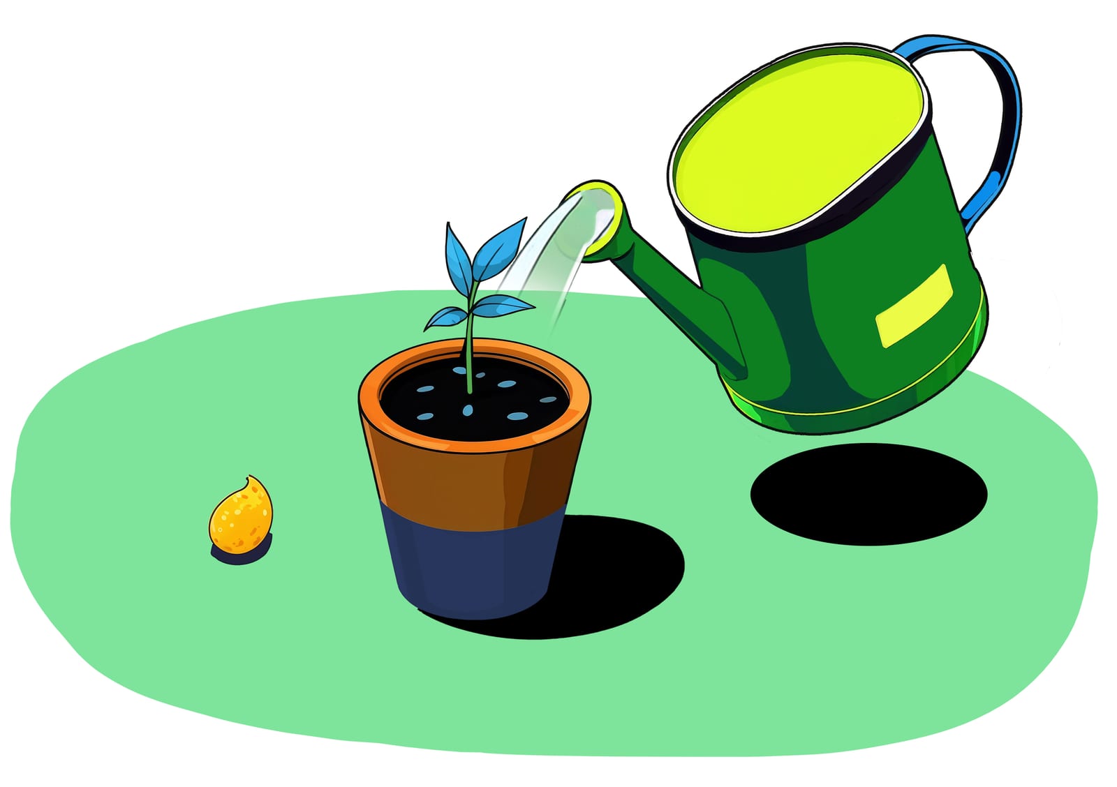Una regadera regando una planta pequeña en una maceta