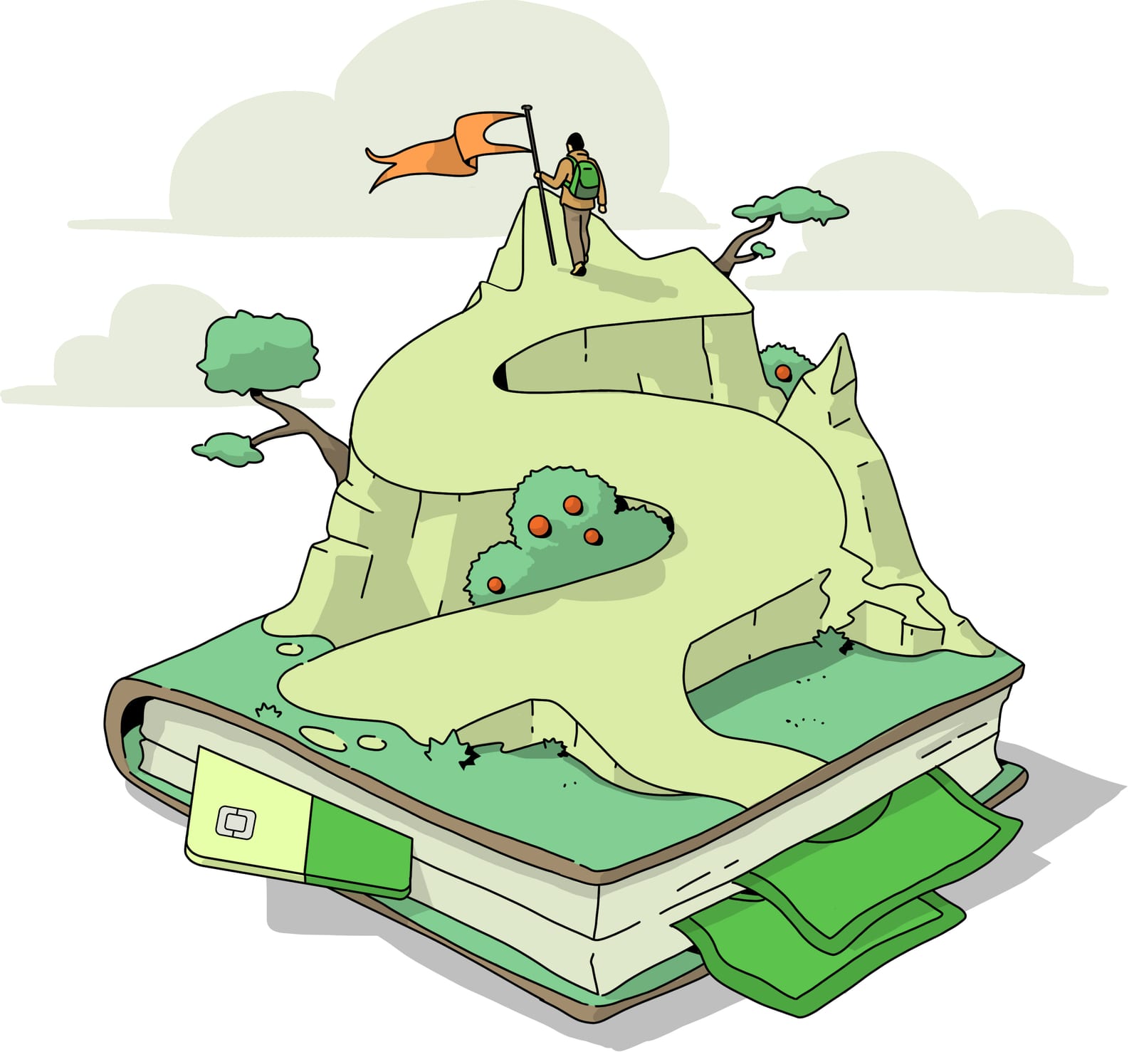 Un libro abierto convertido en montaña, con un camino hasta la cima y billetes entre las páginas