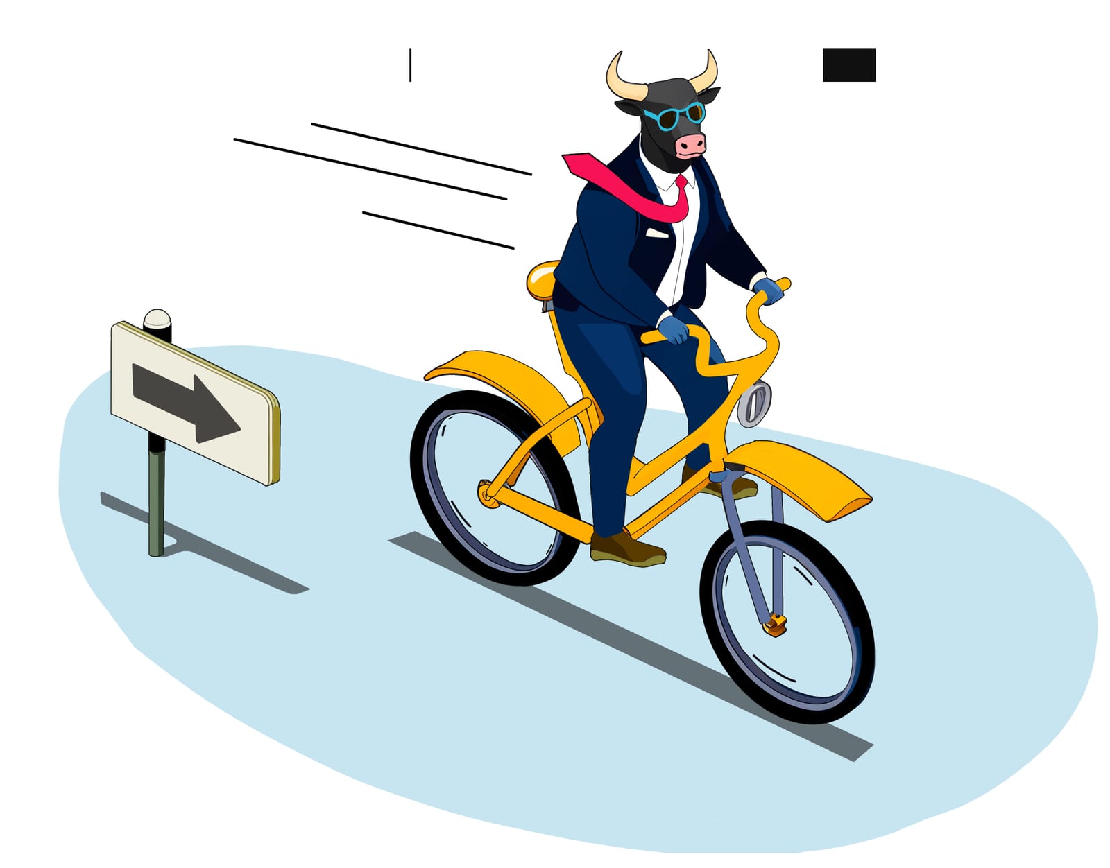 Un toro con traje y gafas pedaleando en una bicicleta amarilla